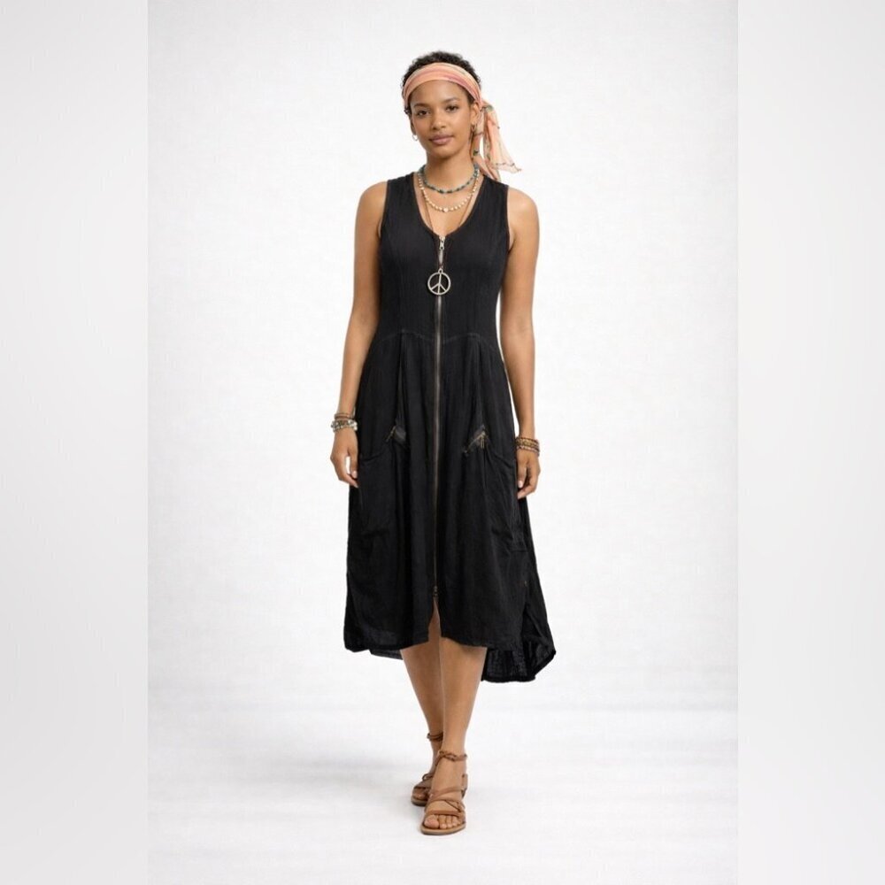 Bohème Black Lagenlook Linen Zip Front Dress Size 1 Sleeveless Boho Casual - Picture 2 of 13